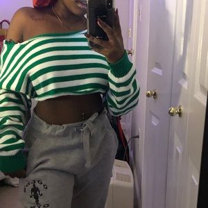 Green & white striped cropped sweater